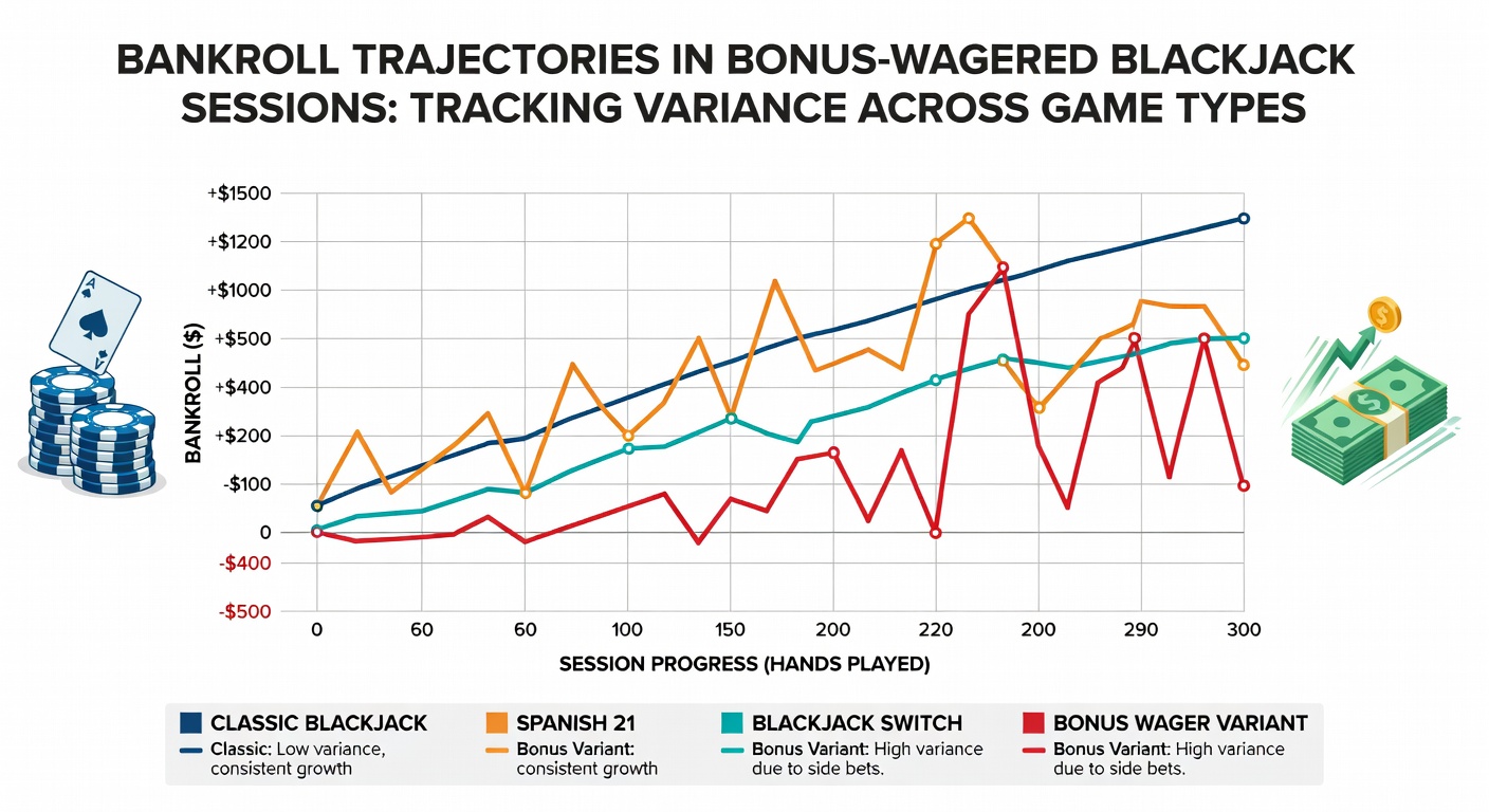 Grafik mit Varianzkurven für verschiedene Blackjack-Varianten unter Bonusbedingungen