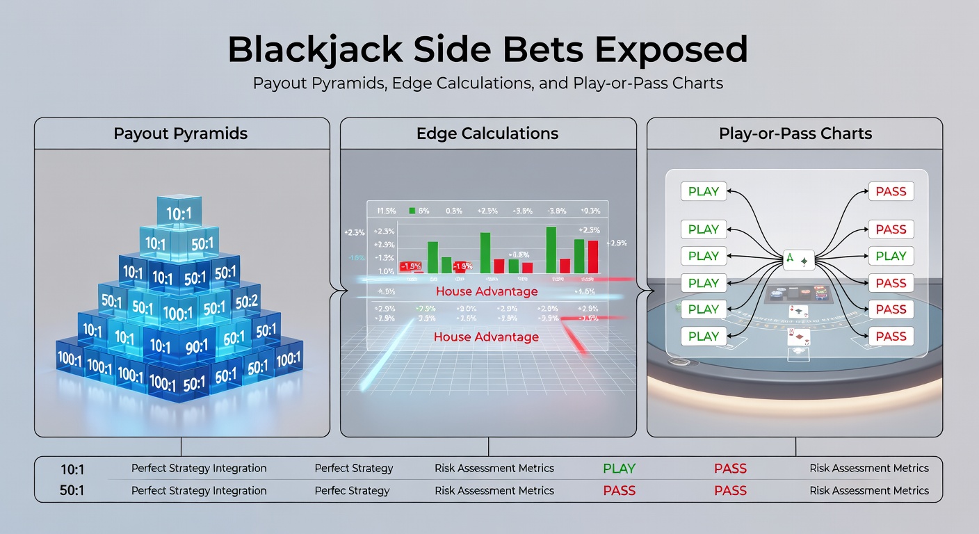 Detaillierte Tabelle mit Hausvorteil-Berechnungen für verschiedene Side Bets, inklusive Formeln und Simulationsergebnissen aus einem Standard-Blackjack-Deck