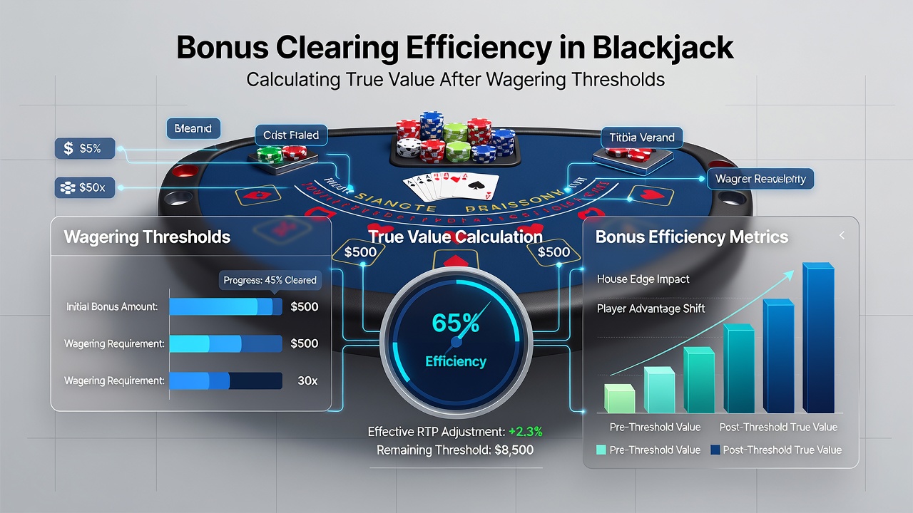 Grafik mit Beispielen zur Bonus-Clearing-Effizienz in verschiedenen Blackjack-Varianten