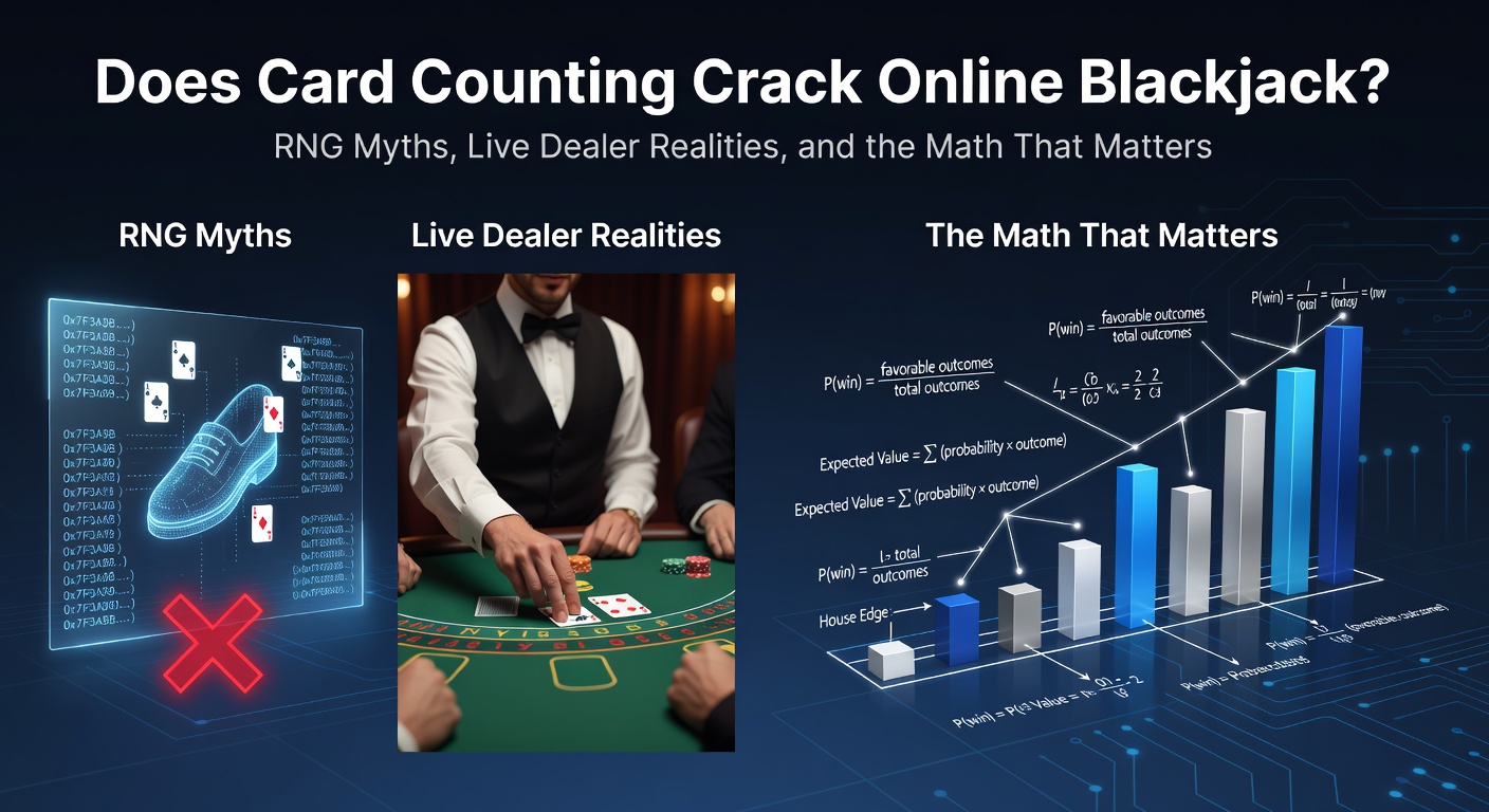 Grafik eines Kartendecks mit Zahlen und Symbolen, die das Konzept des Kartenzählens in Blackjack illustrieren, umgeben von digitalen RNG-Elementen