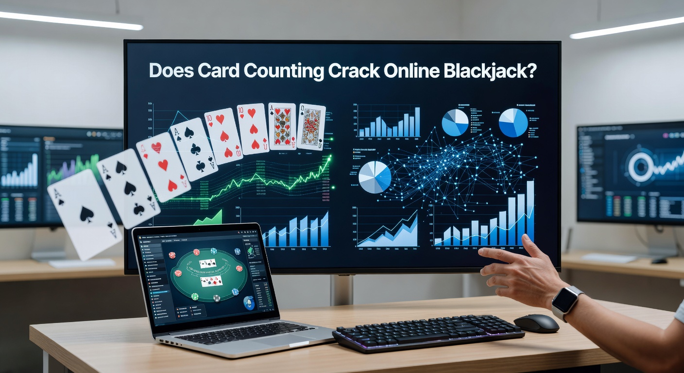 Live-Dealer-Tisch mit Kartenverteilung und digitalem Overlay, das RNG-Algorithmen und Zählmethoden kontrastiert