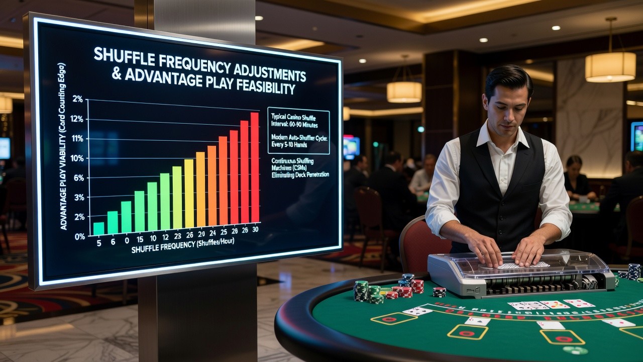Nahaufnahme eines automatischen Kartenmischers an einem Blackjack-Tisch mit sichtbaren Kartenstapeln