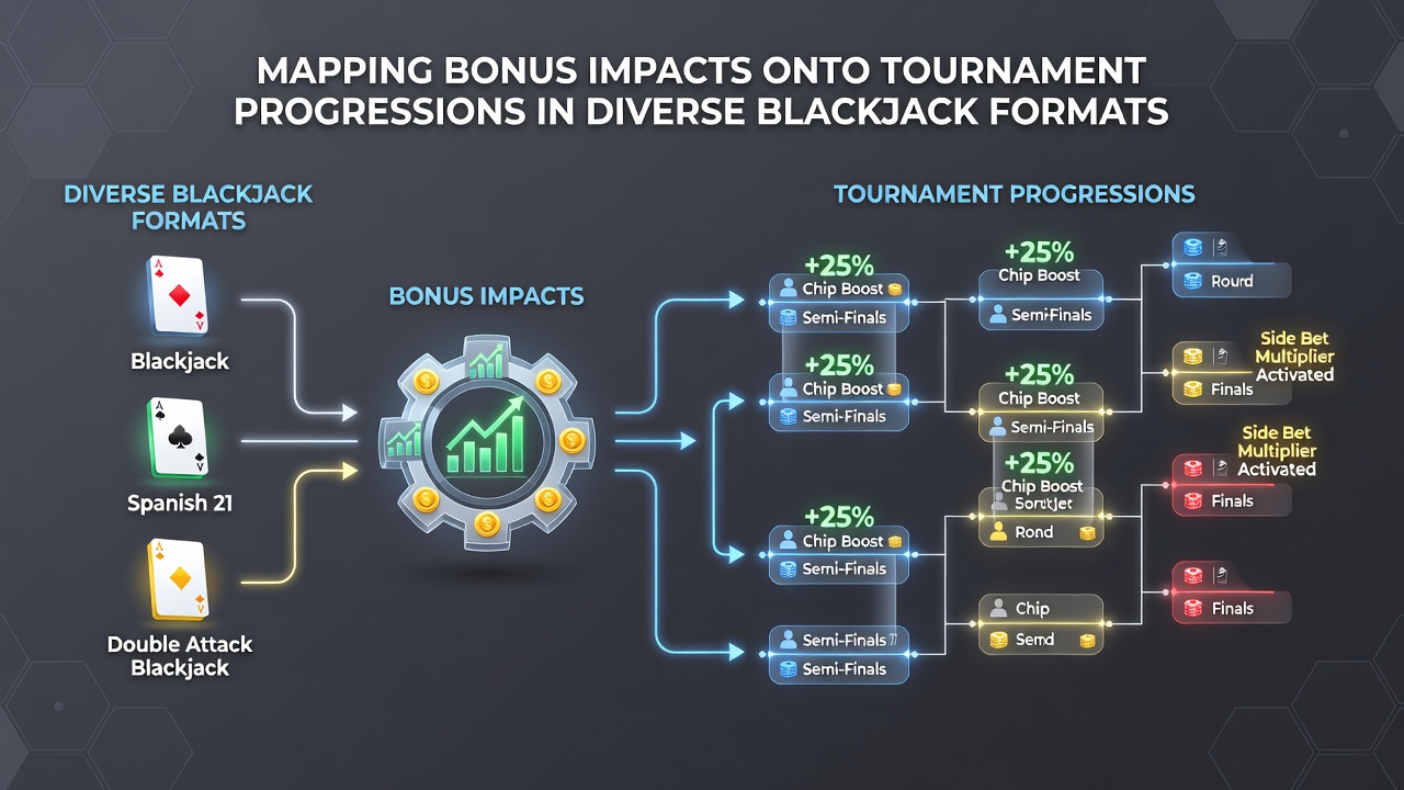 Detaillierte Grafik zu Progressionstabellen mit Bonus-Einfluss in diversen Blackjack-Varianten
