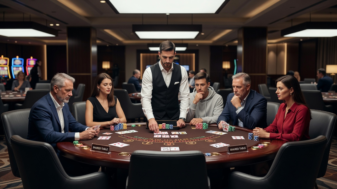 Nahaufnahme von Blackjack-Karten und Chips mit Fokus auf unterschiedliche Spielerpositionen